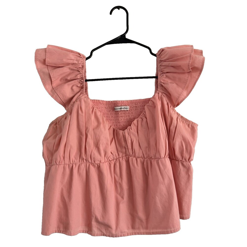 Abercrombie & Fitch Crop Top Size L Pink Flutter Sleeves Smocked Babydoll Fairy